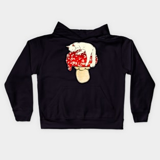 Cute White Cat Sleeping On Red Spotted Mushroom Kids Hoodie